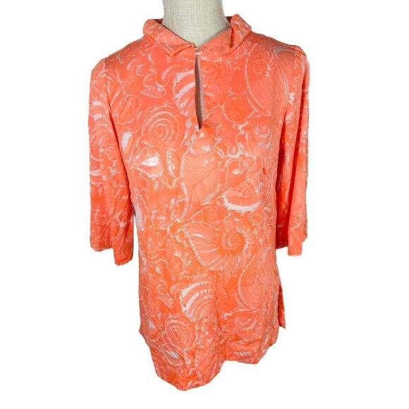 Key West Hand Print Vanda Rare Neon Orange Nautical 3/4 Sleeve Vintage Top - Picture 3 of 12